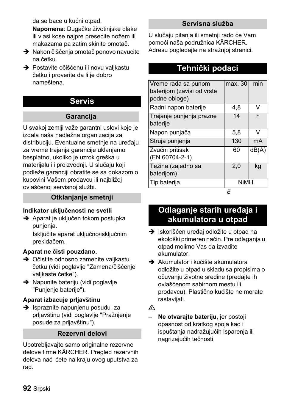 Servis, Tehnički podaci, Odlaganje starih uređaja i akumulatora u otpad | Karcher K 65 Plus User Manual | Page 92 / 124