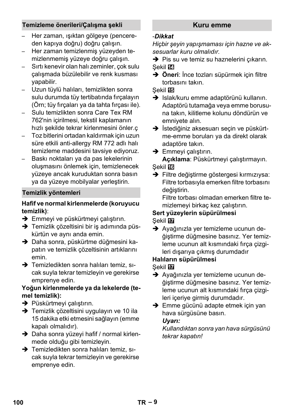 Temizleme önerileri/çalışma şekli, Temizlik yöntemleri, Kuru emme | Karcher SE 6-100 User Manual | Page 100 / 218