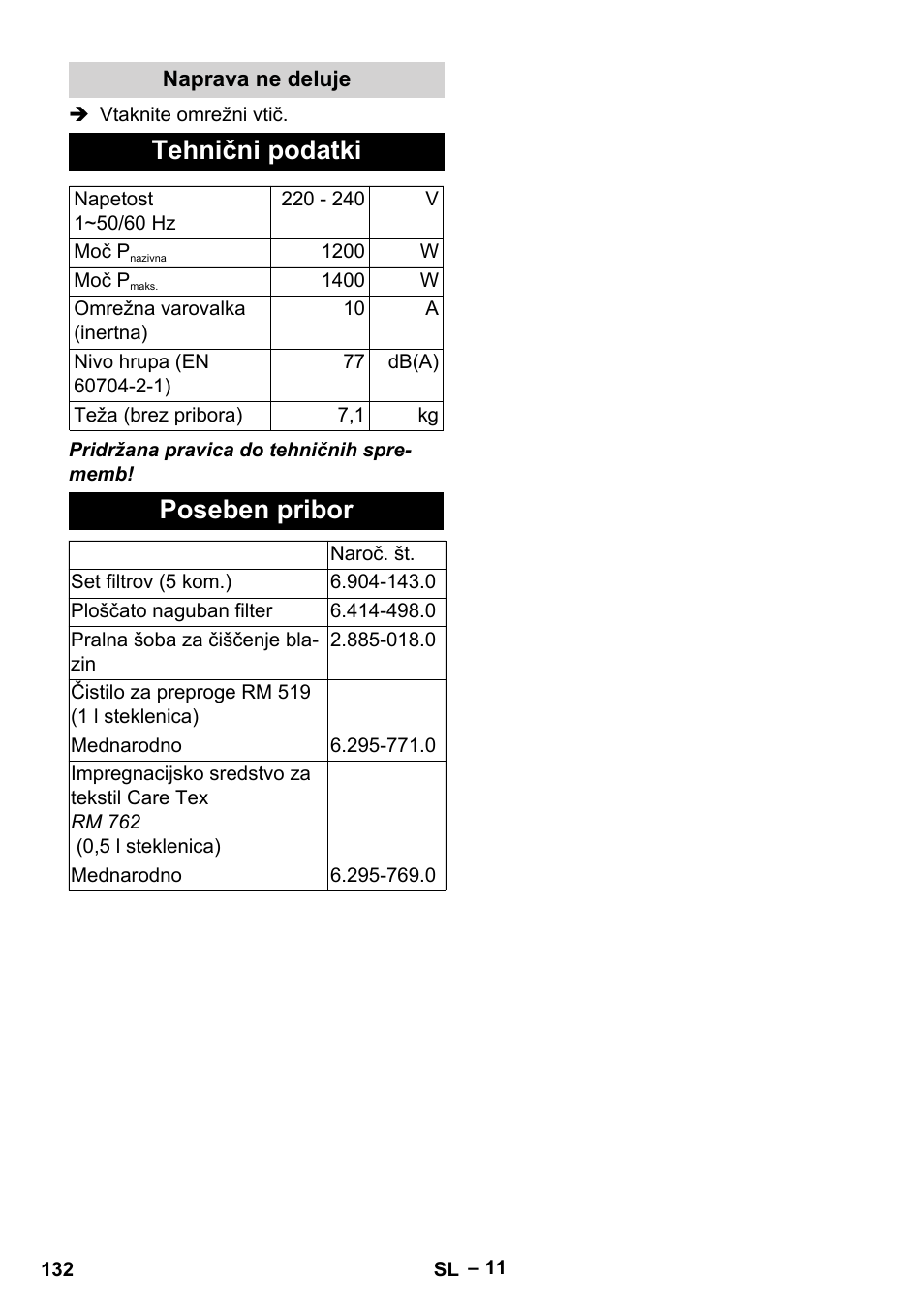 Naprava ne deluje, Tehnični podatki, Poseben pribor | Karcher SE 6-100 User Manual | Page 132 / 218