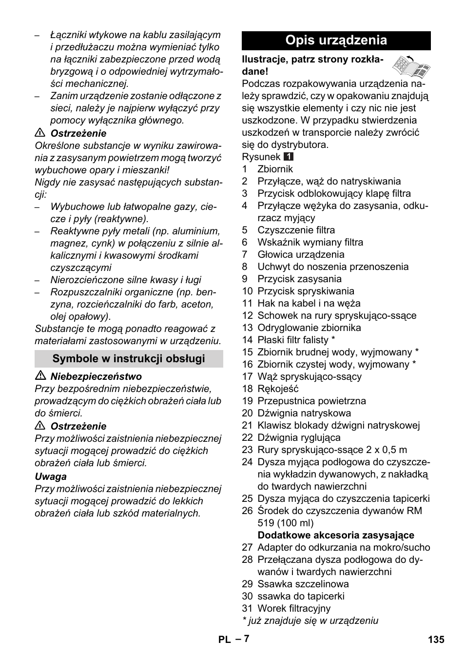 Symbole w instrukcji obsługi, Opis urządzenia | Karcher SE 6-100 User Manual | Page 135 / 218