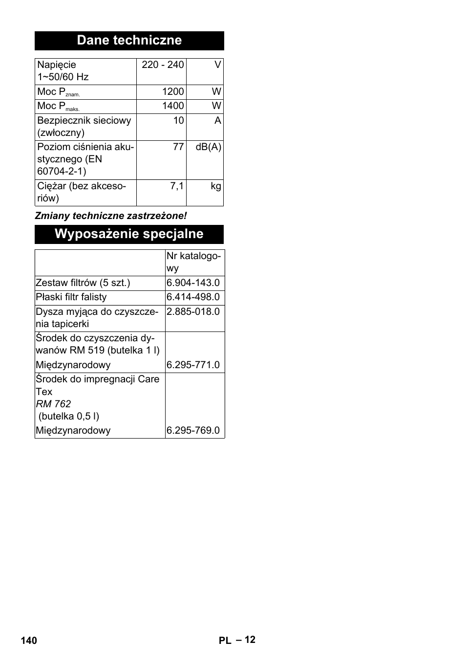 Dane techniczne, Wyposażenie specjalne | Karcher SE 6-100 User Manual | Page 140 / 218