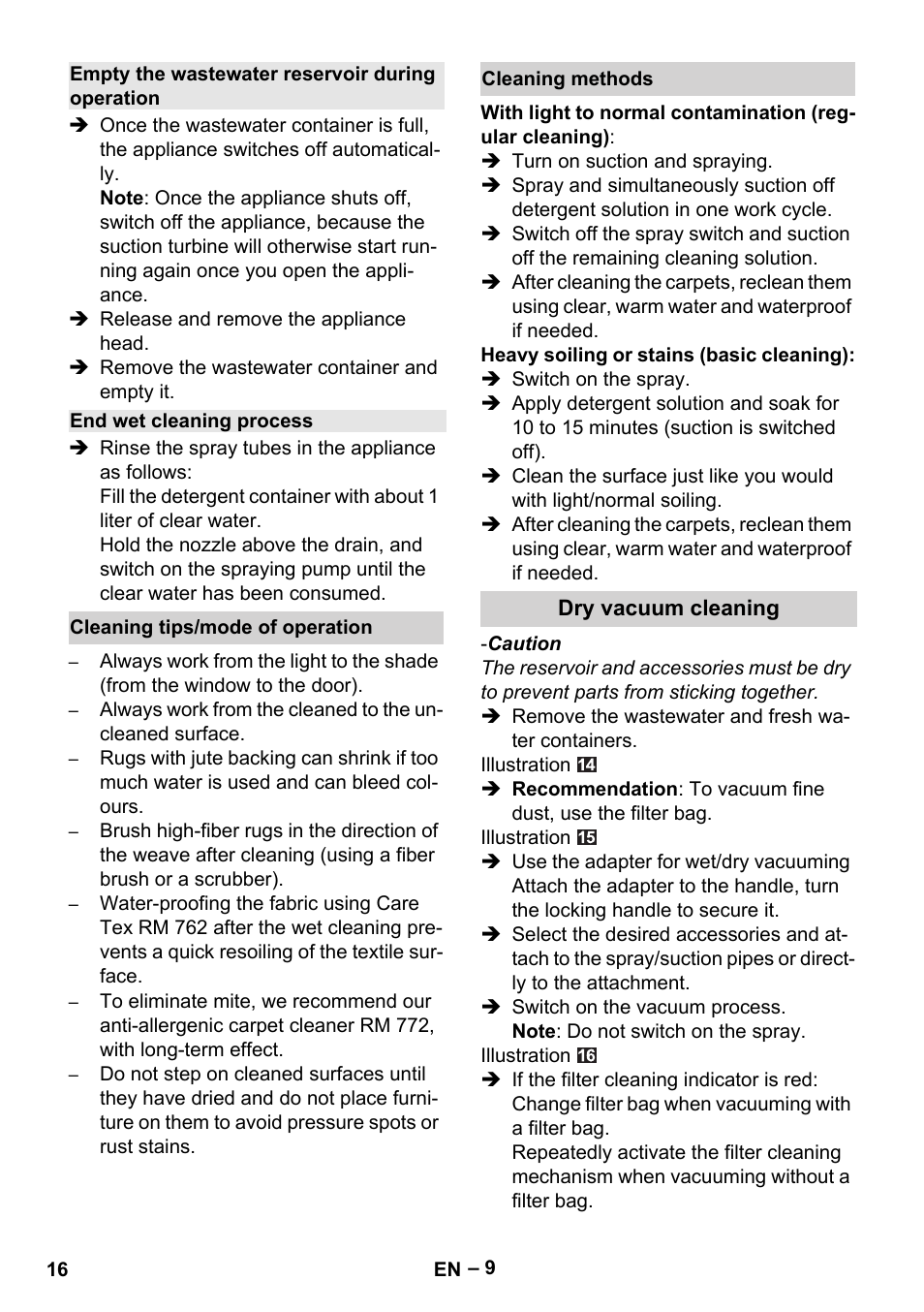 Empty the wastewater reservoir during operation, End wet cleaning process, Cleaning tips/mode of operation | Cleaning methods, Dry vacuum cleaning | Karcher SE 6-100 User Manual | Page 16 / 218