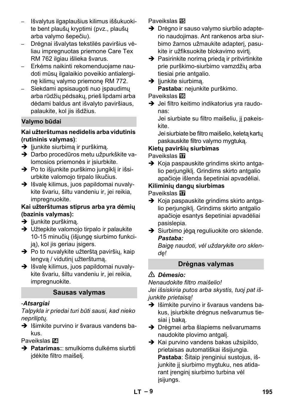 Valymo būdai, Sausas valymas, Drėgnas valymas | Karcher SE 6-100 User Manual | Page 195 / 218