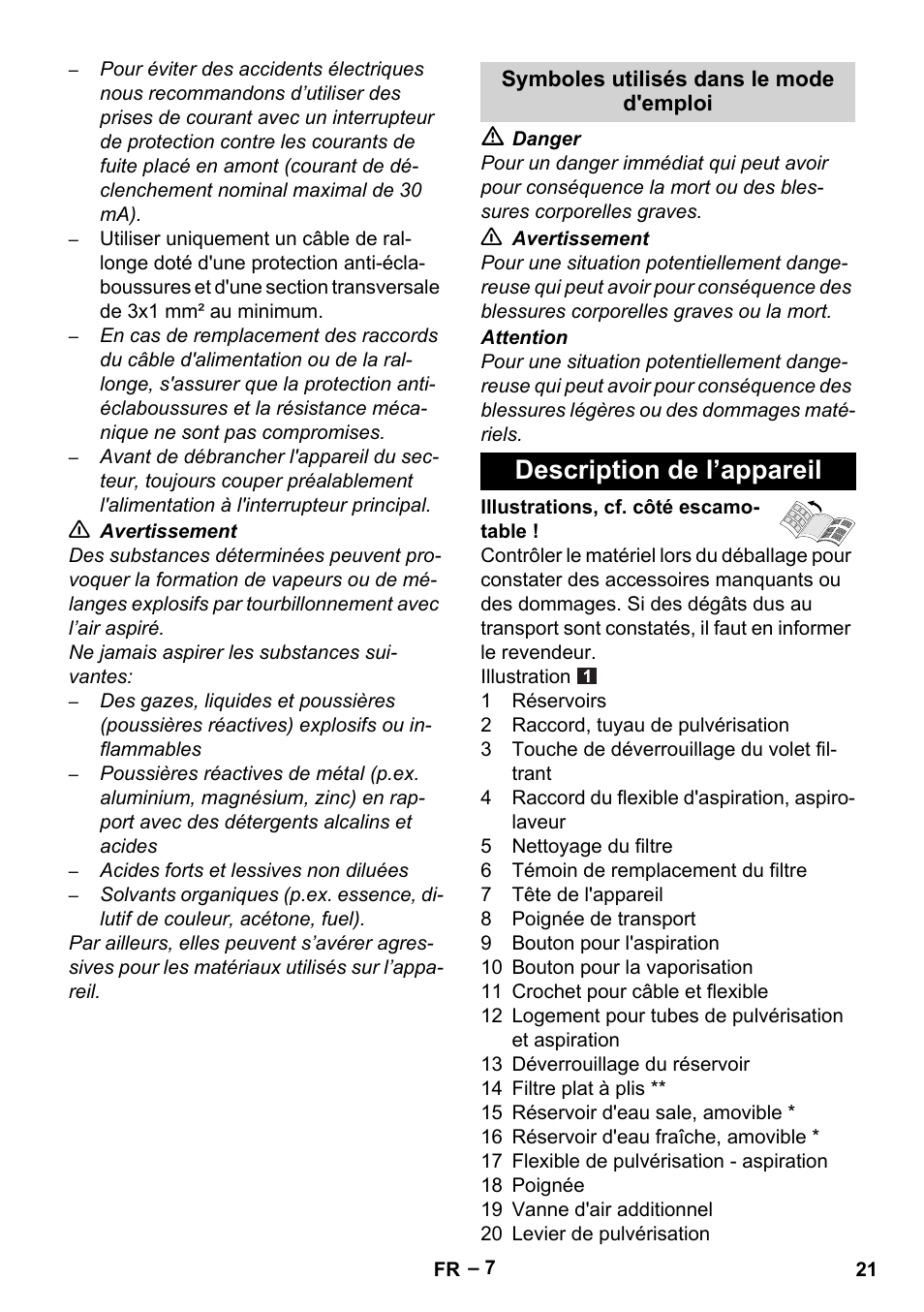 Symboles utilisés dans le mode d'emploi, Description de l’appareil | Karcher SE 6-100 User Manual | Page 21 / 218