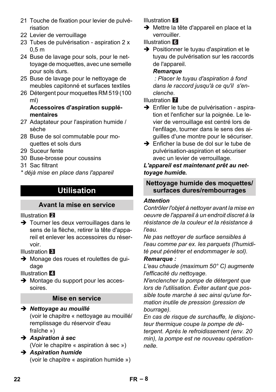 Utilisation, Avant la mise en service, Mise en service | Karcher SE 6-100 User Manual | Page 22 / 218