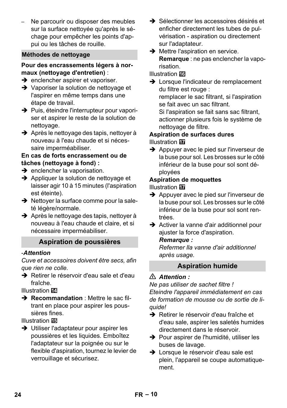 Méthodes de nettoyage, Aspiration de poussières, Aspiration humide | Karcher SE 6-100 User Manual | Page 24 / 218