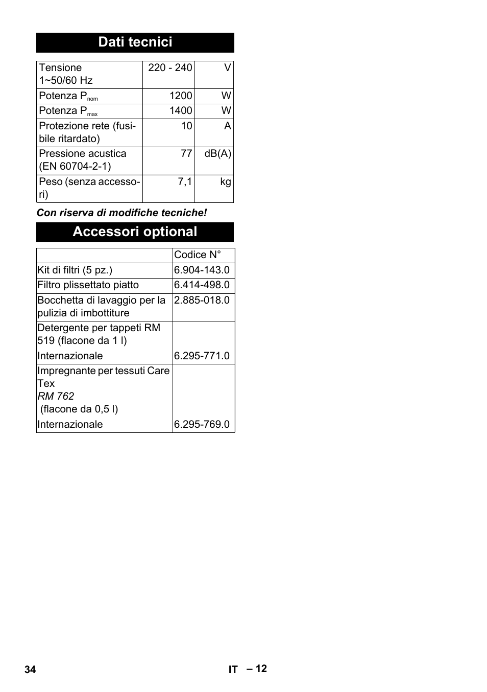 Dati tecnici, Accessori optional | Karcher SE 6-100 User Manual | Page 34 / 218