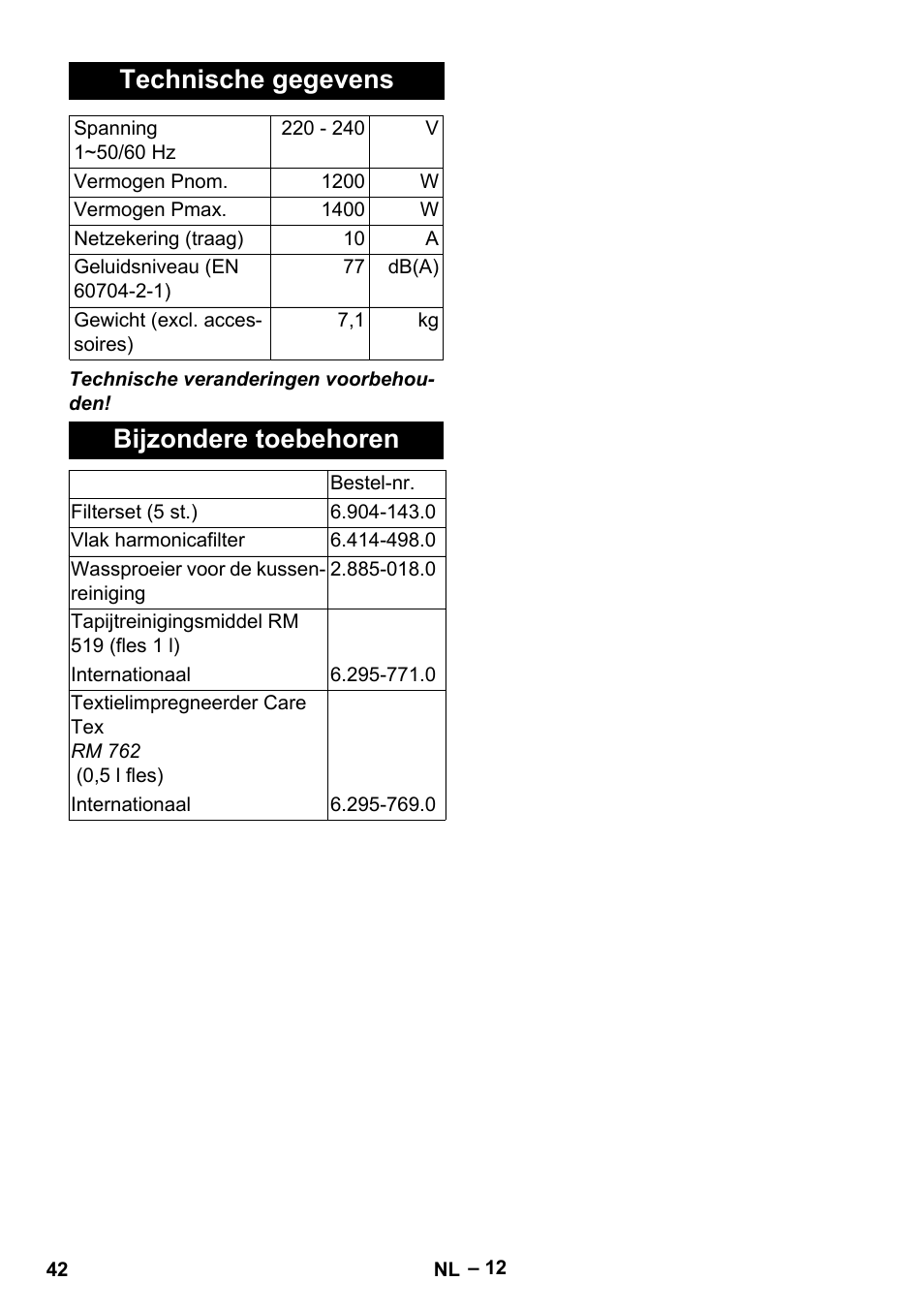 Technische gegevens, Bijzondere toebehoren | Karcher SE 6-100 User Manual | Page 42 / 218