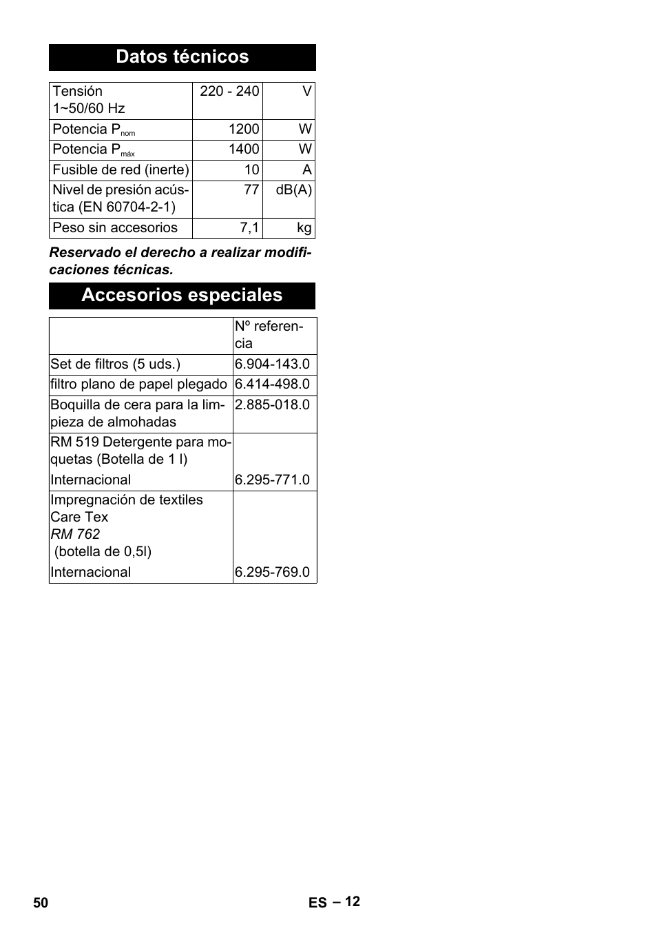 Datos técnicos, Accesorios especiales | Karcher SE 6-100 User Manual | Page 50 / 218