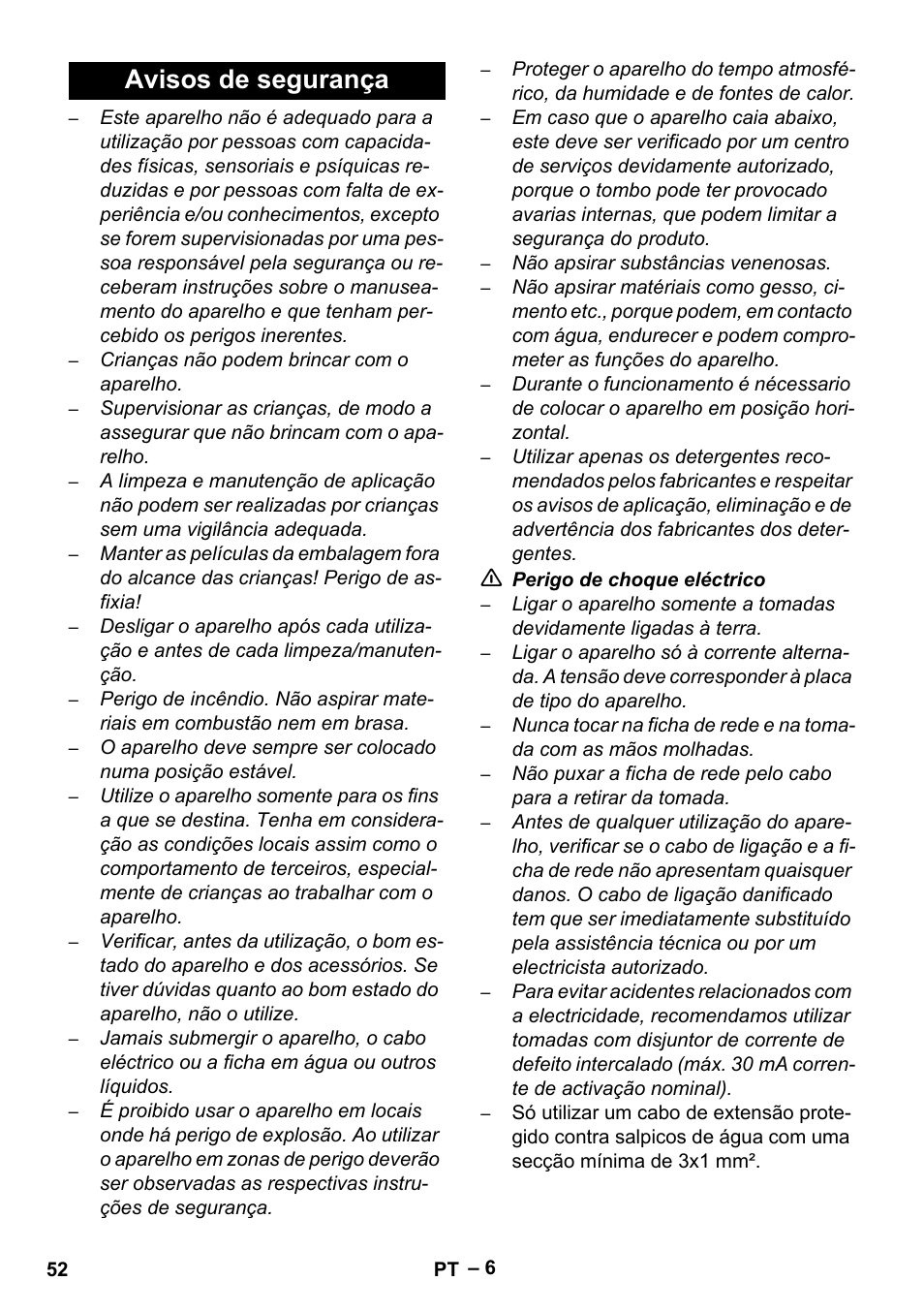 Avisos de segurança | Karcher SE 6-100 User Manual | Page 52 / 218