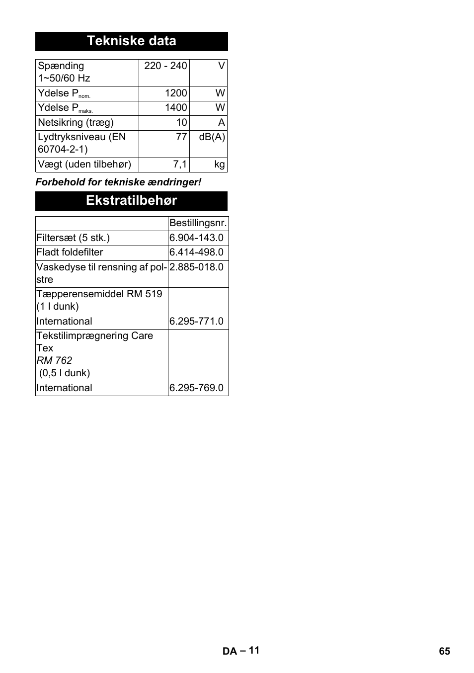 Tekniske data, Ekstratilbehør | Karcher SE 6-100 User Manual | Page 65 / 218