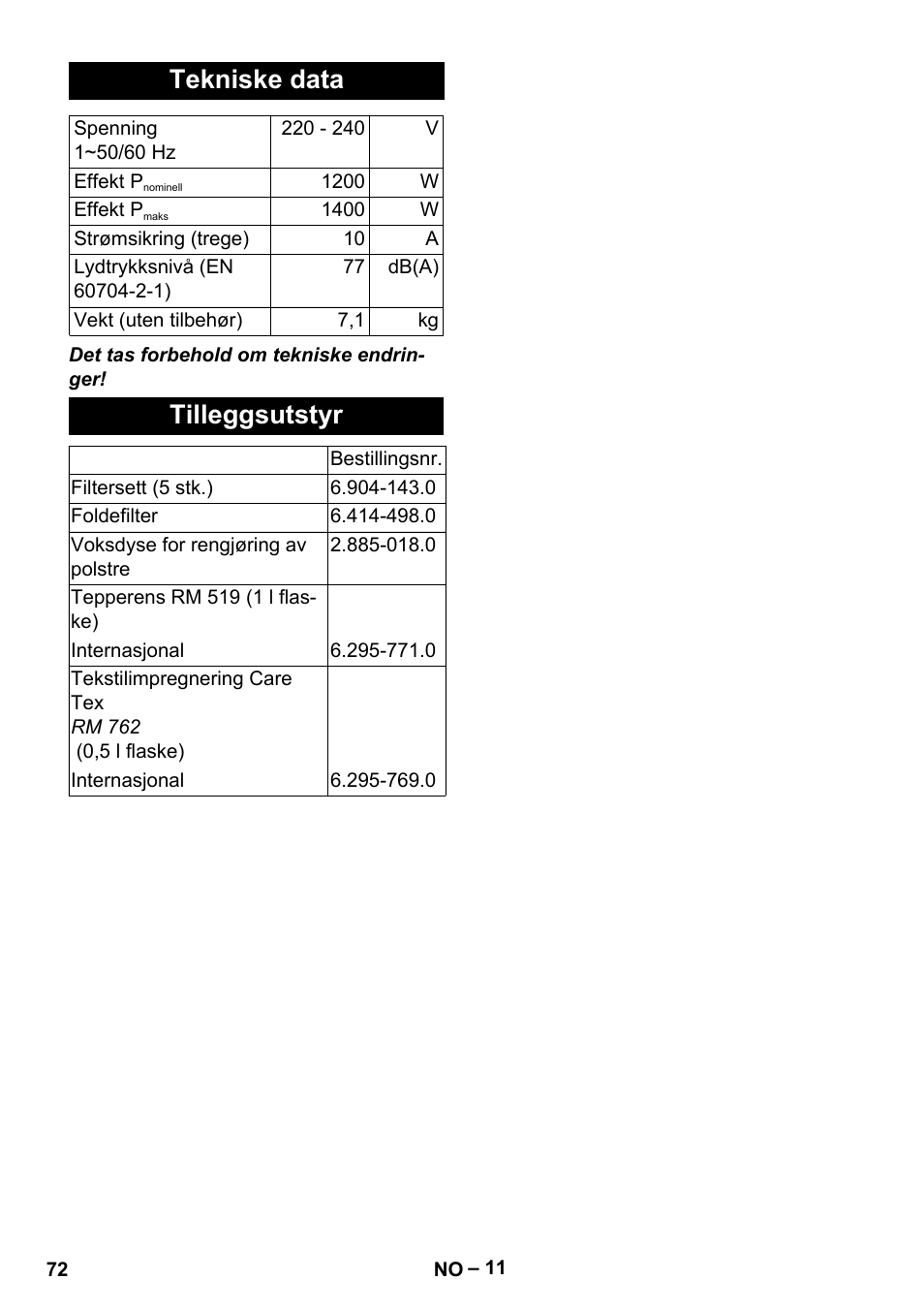 Tekniske data, Tilleggsutstyr | Karcher SE 6-100 User Manual | Page 72 / 218