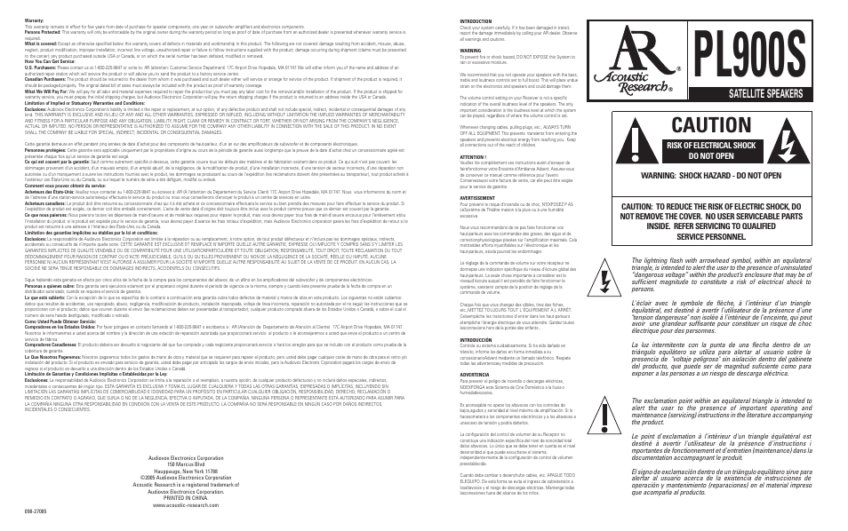 Audiovox PL900S User Manual | 4 pages