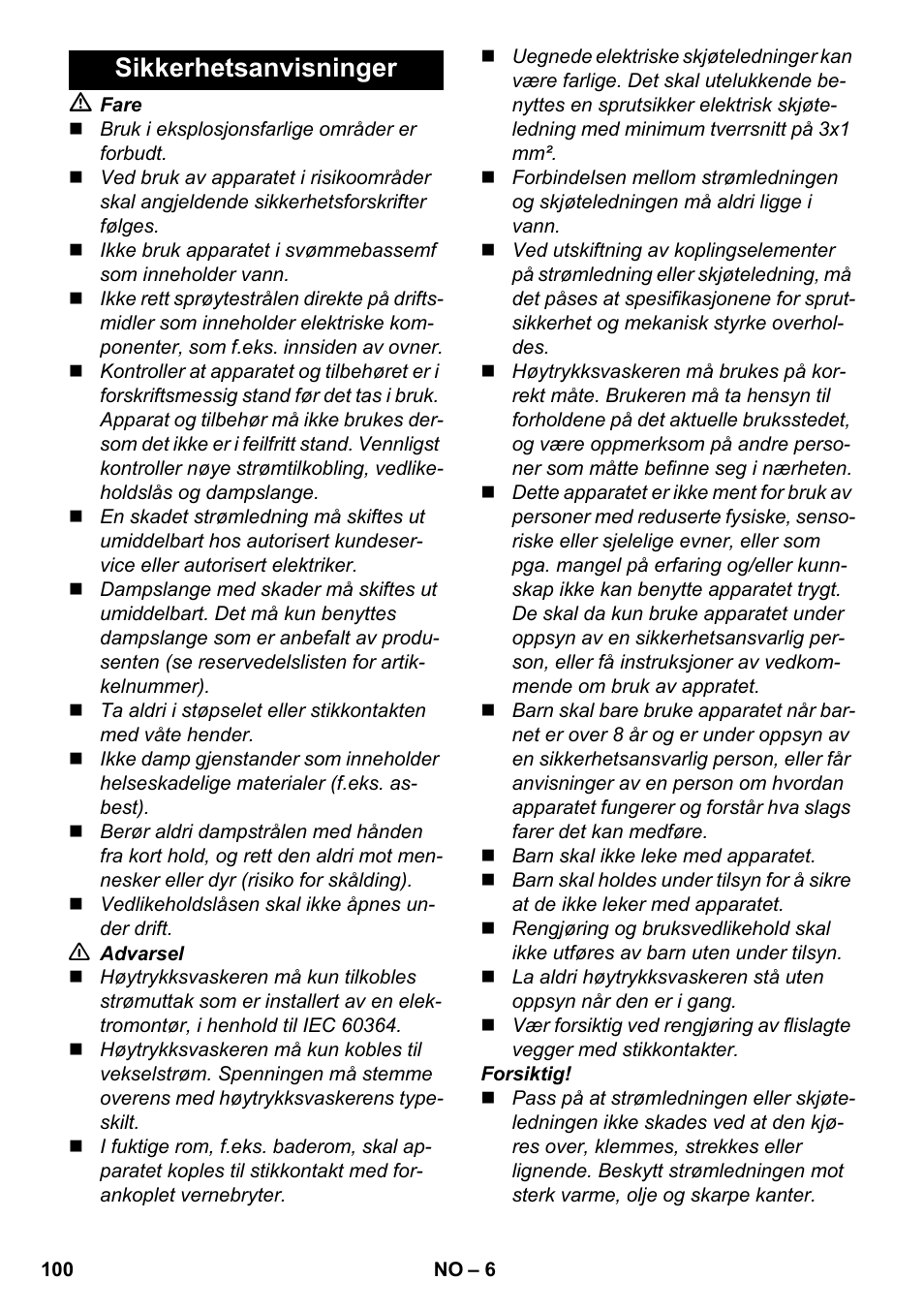 Sikkerhetsanvisninger | Karcher SC 6-800 C User Manual | Page 100 / 342