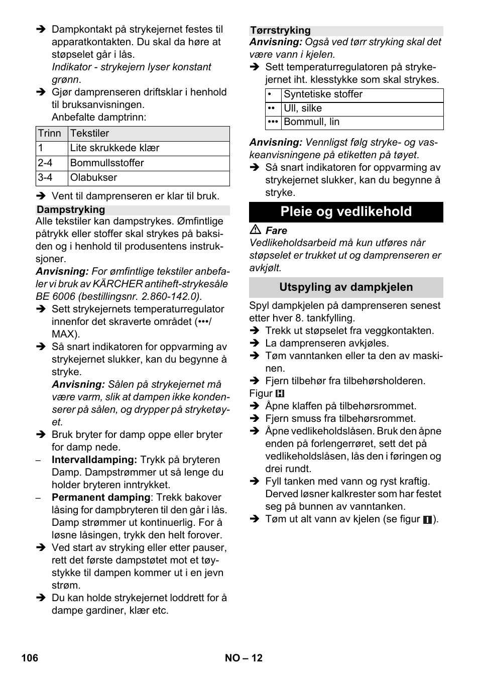Pleie og vedlikehold | Karcher SC 6-800 C User Manual | Page 106 / 342