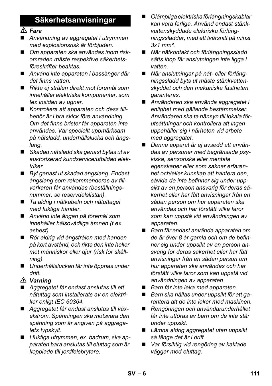 Säkerhetsanvisningar | Karcher SC 6-800 C User Manual | Page 111 / 342
