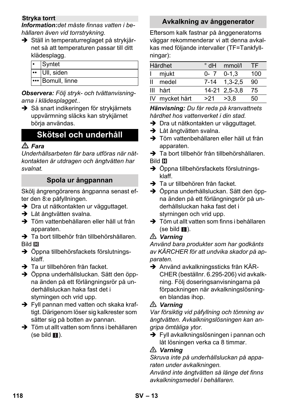 Skötsel och underhåll | Karcher SC 6-800 C User Manual | Page 118 / 342