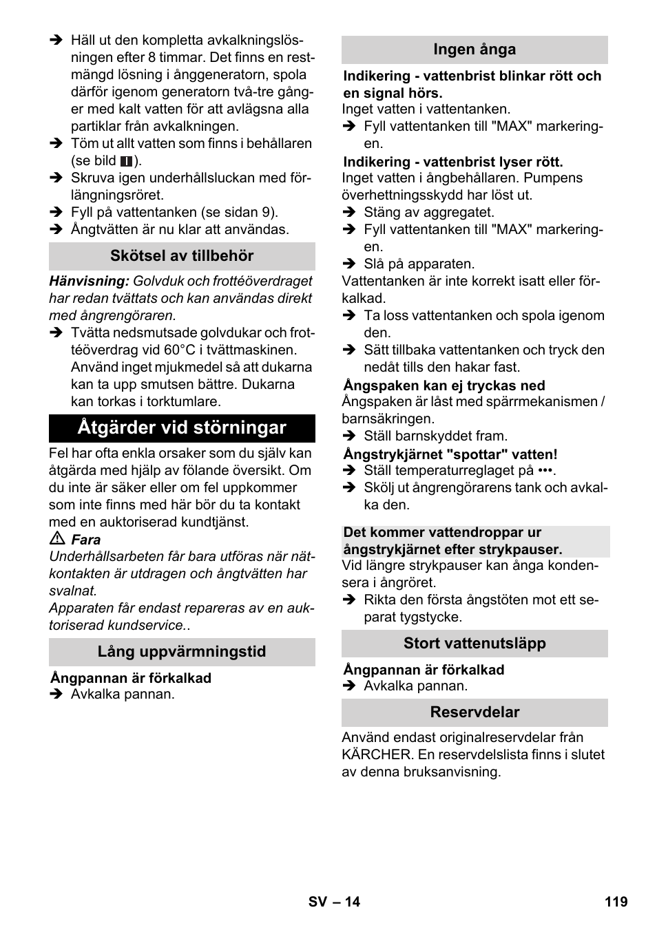 Åtgärder vid störningar | Karcher SC 6-800 C User Manual | Page 119 / 342