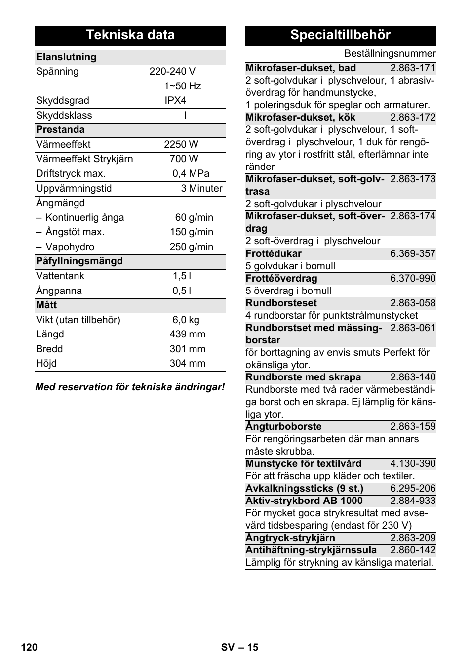 Tekniska data, Specialtillbehör | Karcher SC 6-800 C User Manual | Page 120 / 342