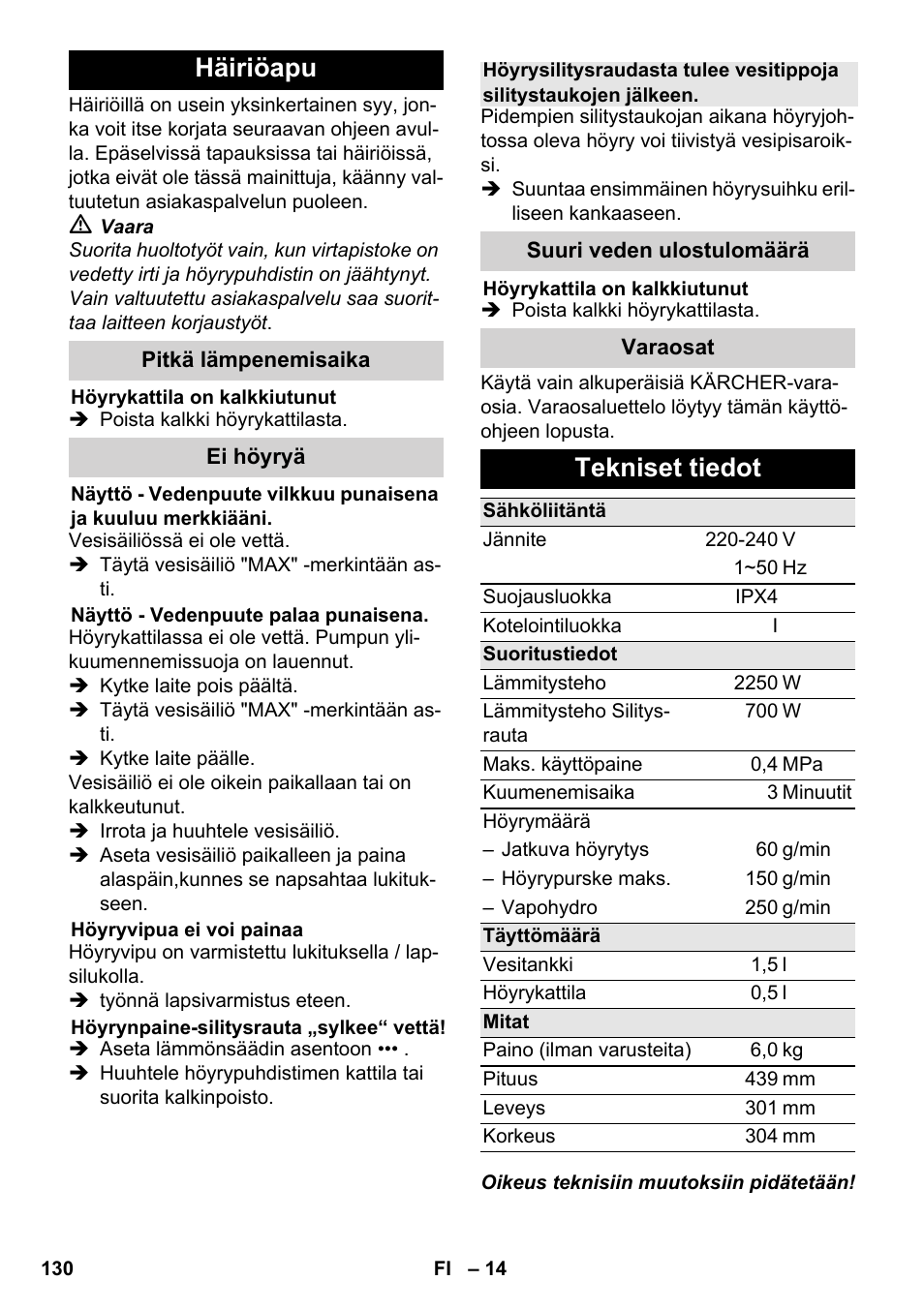 Häiriöapu, Tekniset tiedot | Karcher SC 6-800 C User Manual | Page 130 / 342