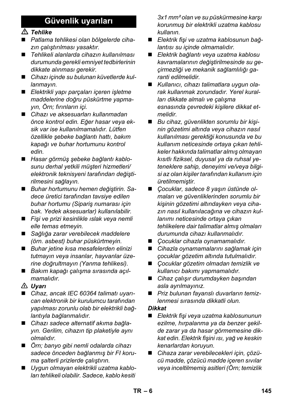 Güvenlik uyarıları | Karcher SC 6-800 C User Manual | Page 145 / 342