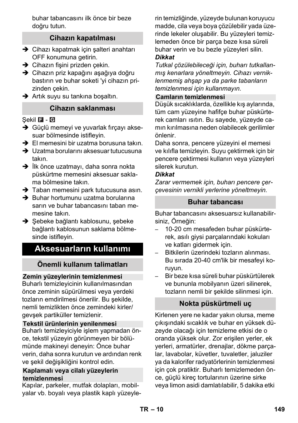 Aksesuarların kullanımı | Karcher SC 6-800 C User Manual | Page 149 / 342