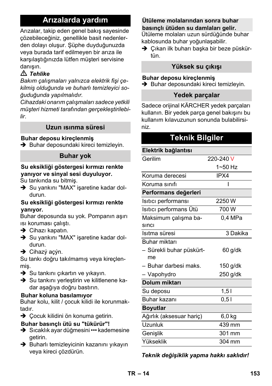 Arızalarda yardım, Teknik bilgiler | Karcher SC 6-800 C User Manual | Page 153 / 342