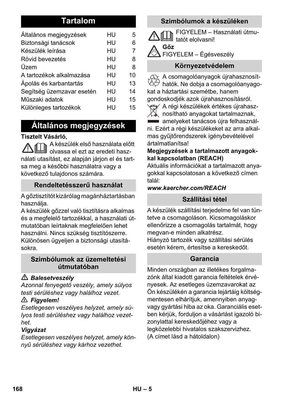 Magyar, Tartalom, Általános megjegyzések | Karcher SC 6-800 C User Manual | Page 168 / 342