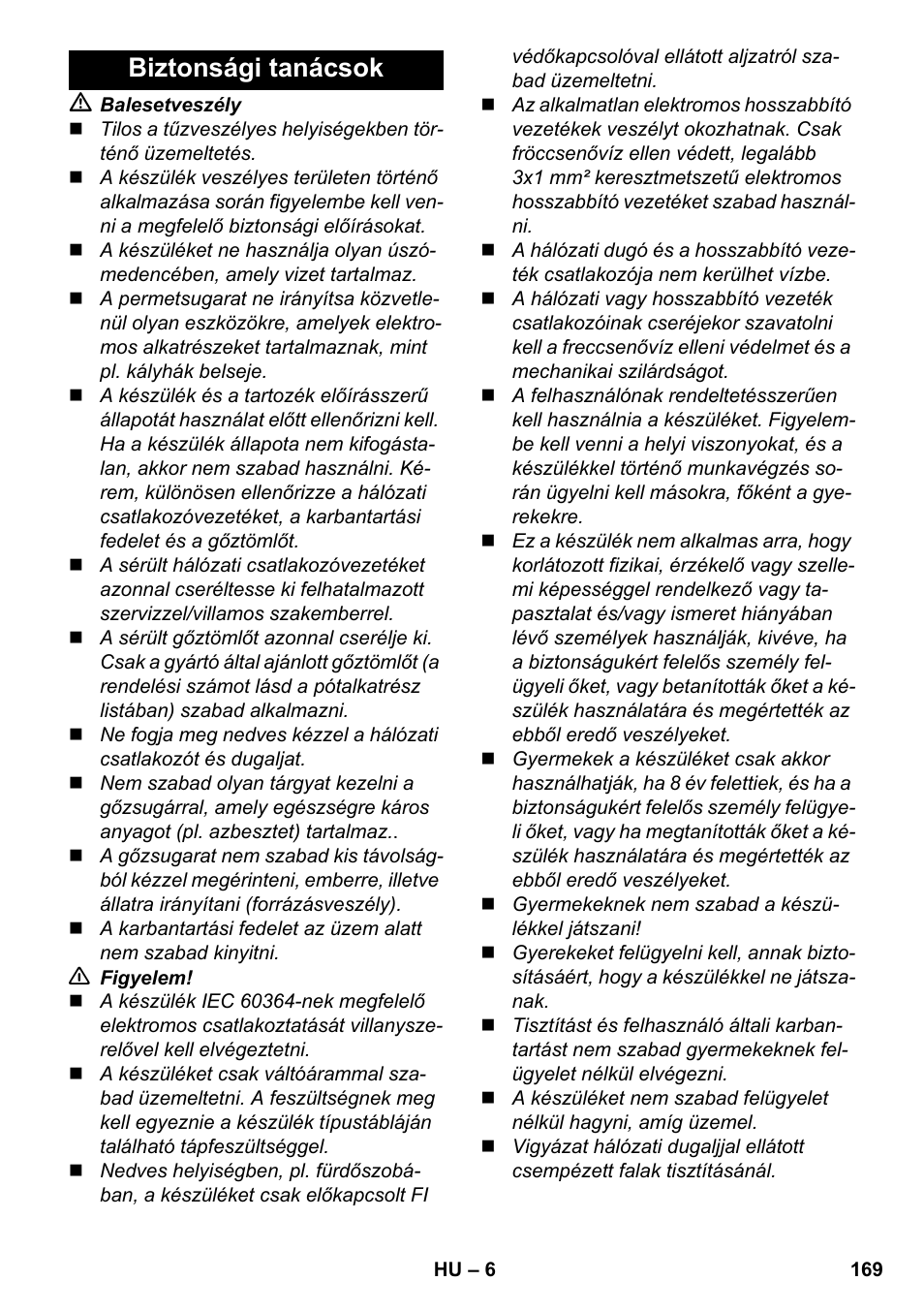 Biztonsági tanácsok | Karcher SC 6-800 C User Manual | Page 169 / 342