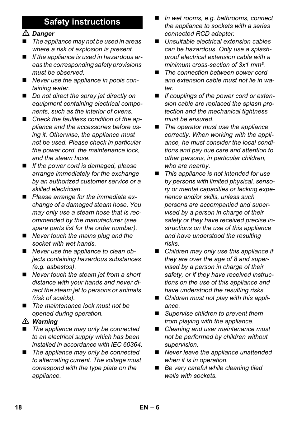 Safety instructions | Karcher SC 6-800 C User Manual | Page 18 / 342