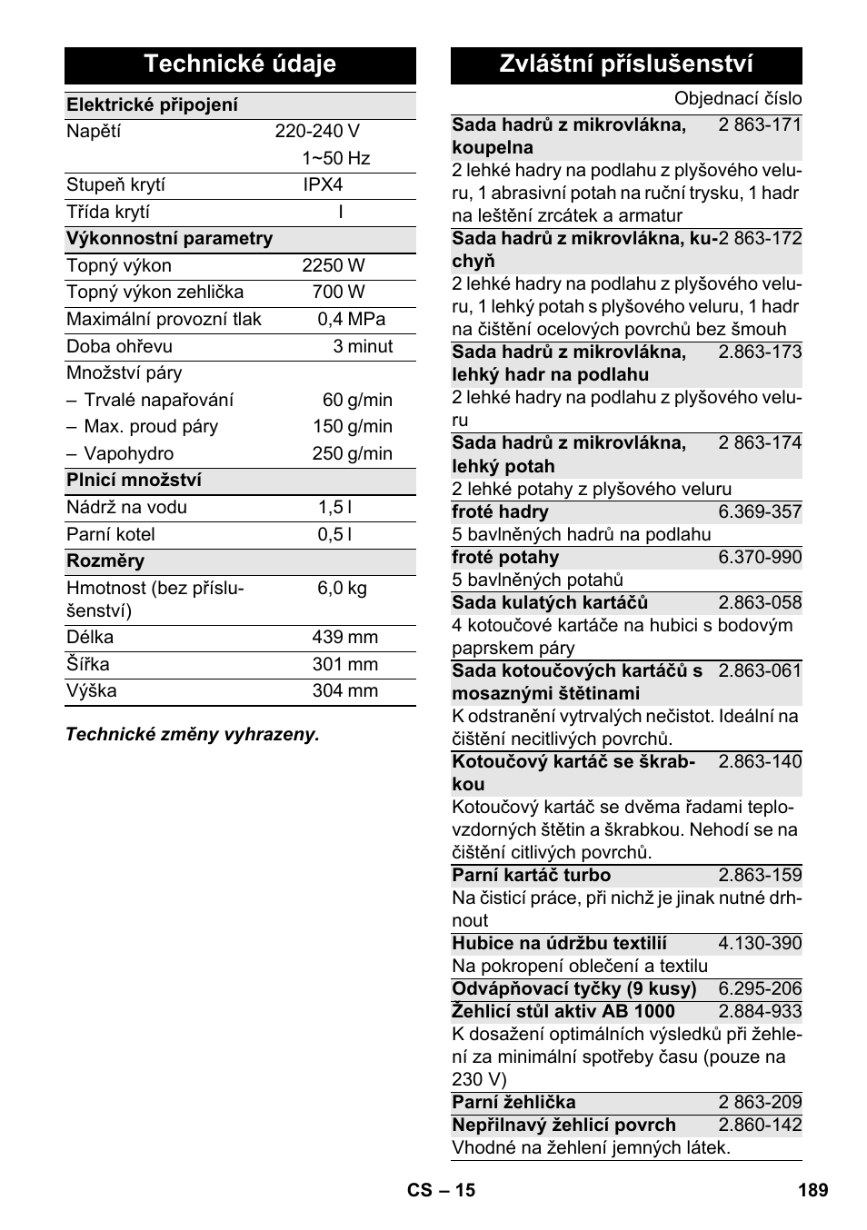 Technické údaje, Zvláštní příslušenství | Karcher SC 6-800 C User Manual | Page 189 / 342