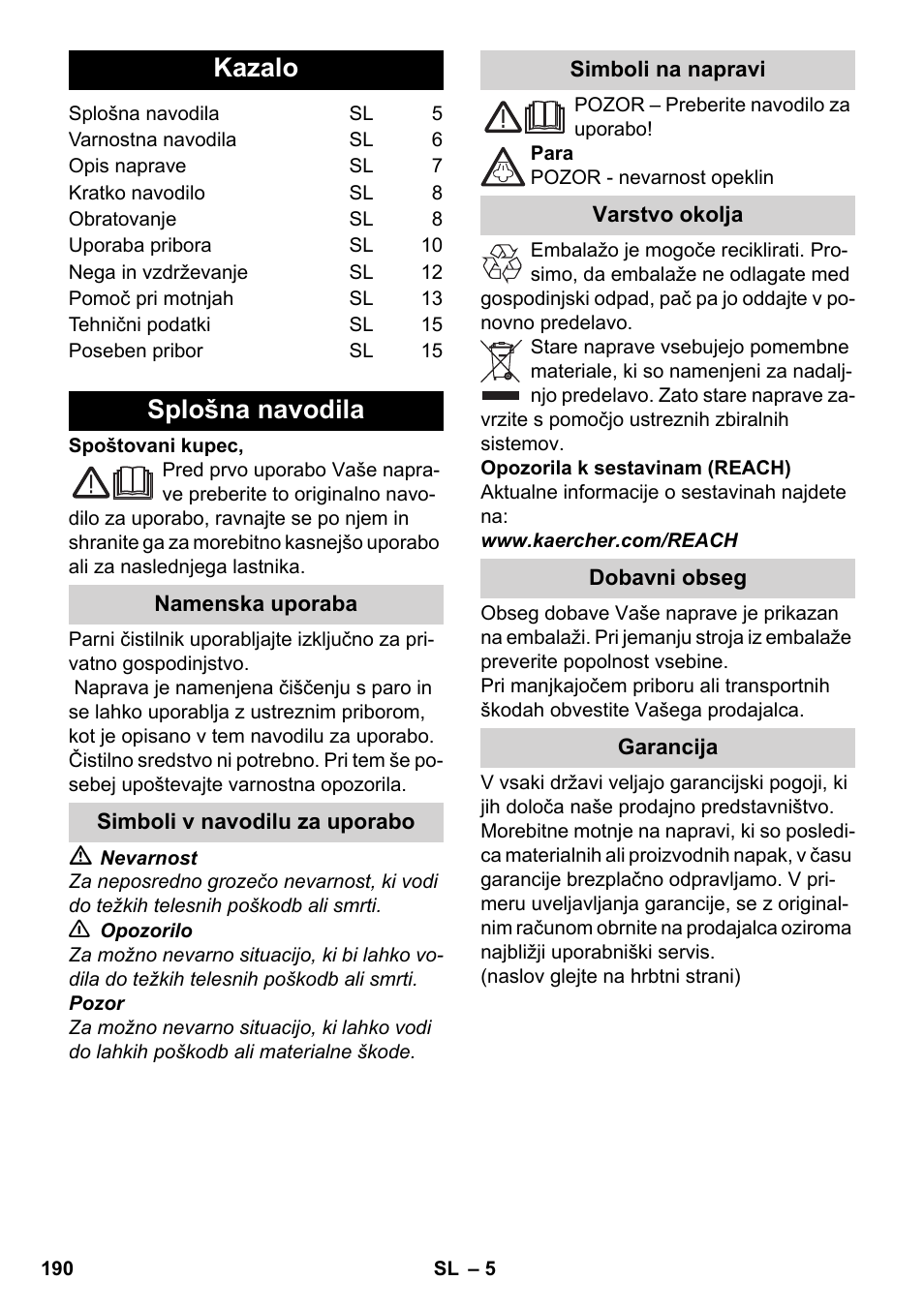 Slovenščina, Kazalo, Splošna navodila | Karcher SC 6-800 C User Manual | Page 190 / 342