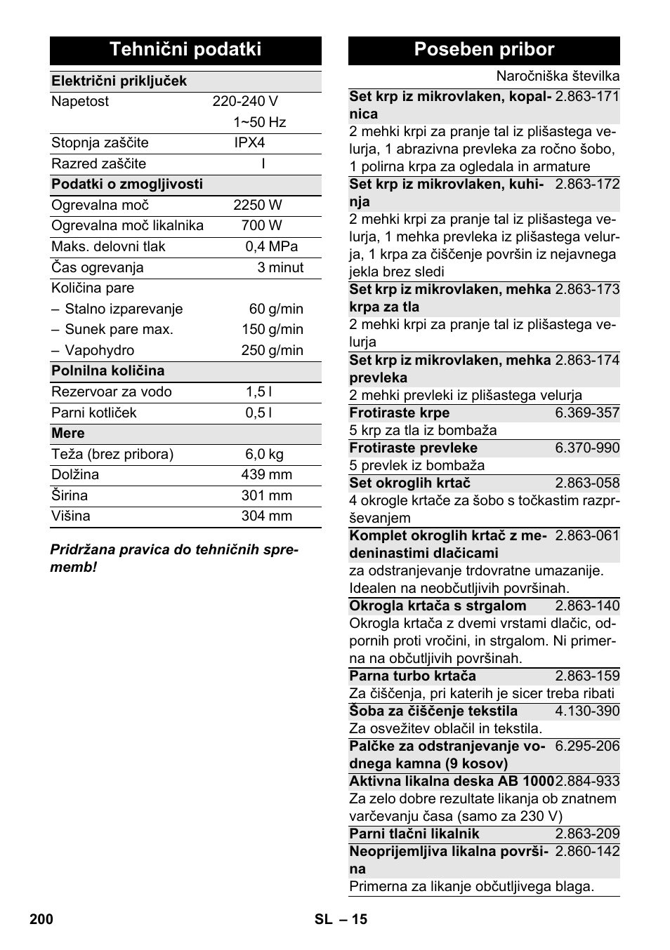 Tehnični podatki, Poseben pribor | Karcher SC 6-800 C User Manual | Page 200 / 342
