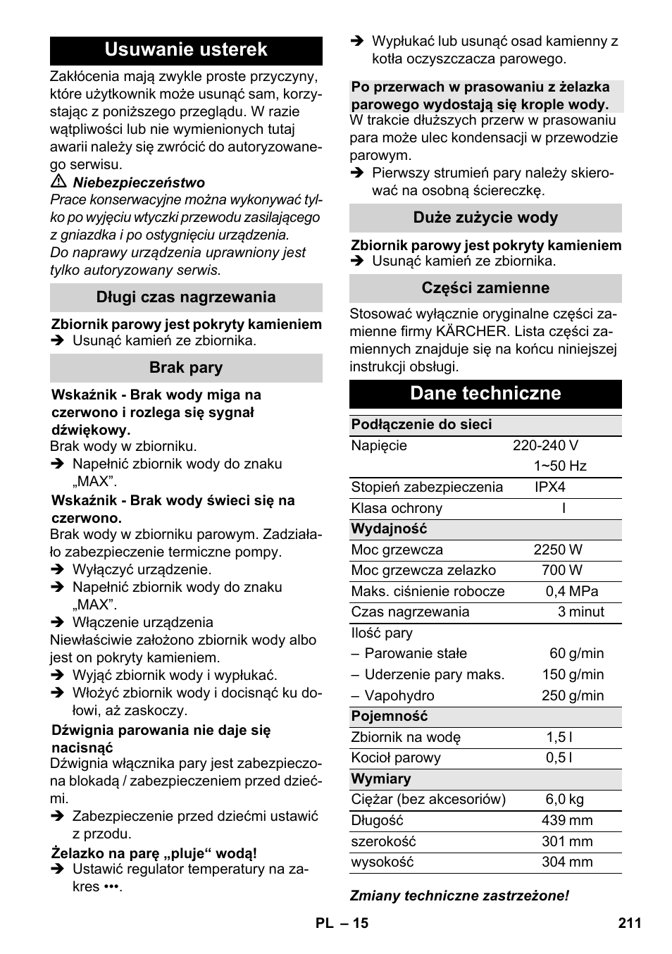 Usuwanie usterek, Dane techniczne | Karcher SC 6-800 C User Manual | Page 211 / 342