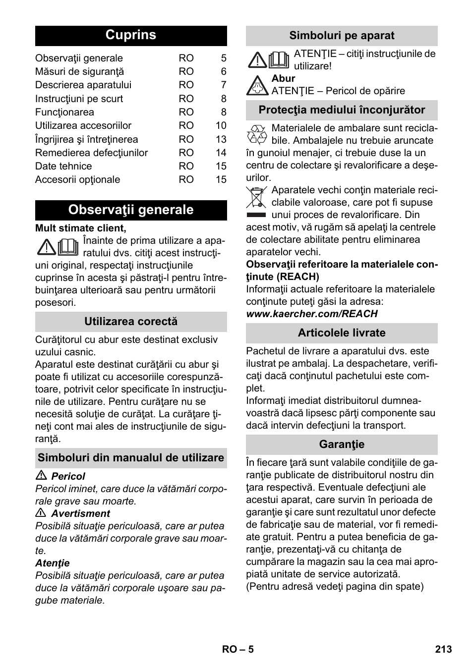 Româneşte, Cuprins, Observaţii generale | Karcher SC 6-800 C User Manual | Page 213 / 342