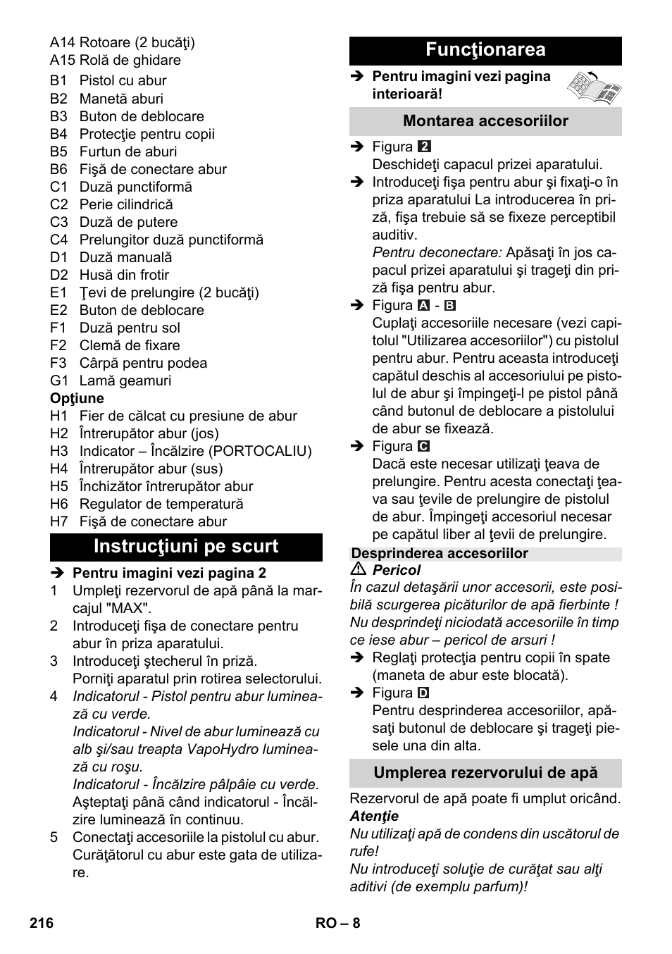 Instrucţiuni pe scurt funcţionarea | Karcher SC 6-800 C User Manual | Page 216 / 342