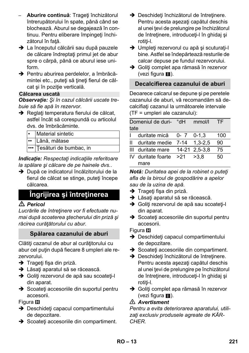 Îngrijirea şi întreţinerea | Karcher SC 6-800 C User Manual | Page 221 / 342
