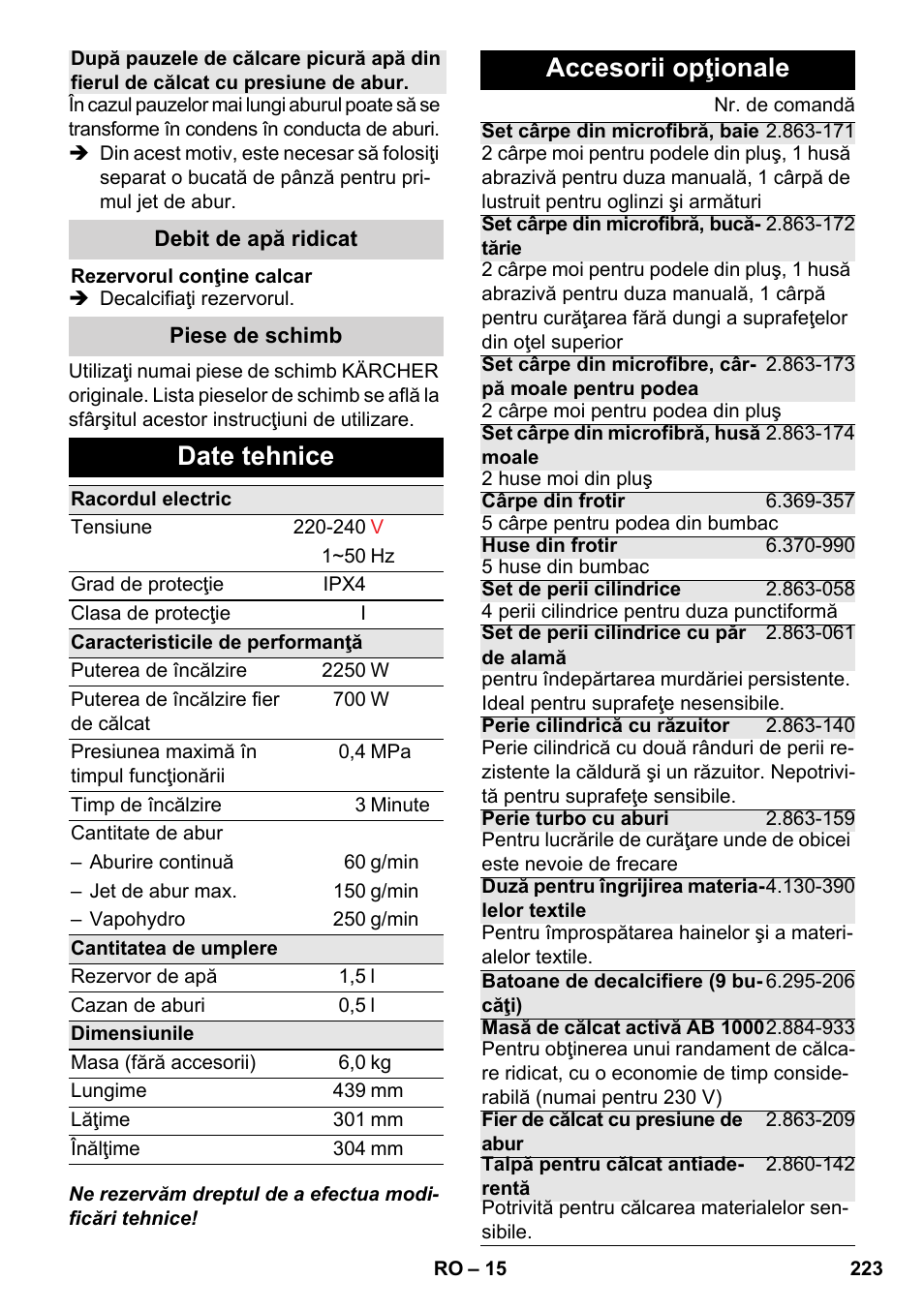 Date tehnice, Accesorii opţionale | Karcher SC 6-800 C User Manual | Page 223 / 342
