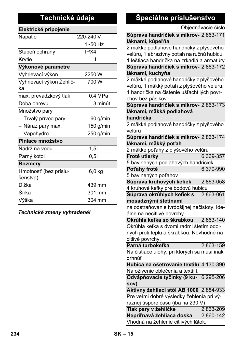 Technické údaje, Špeciálne príslušenstvo | Karcher SC 6-800 C User Manual | Page 234 / 342