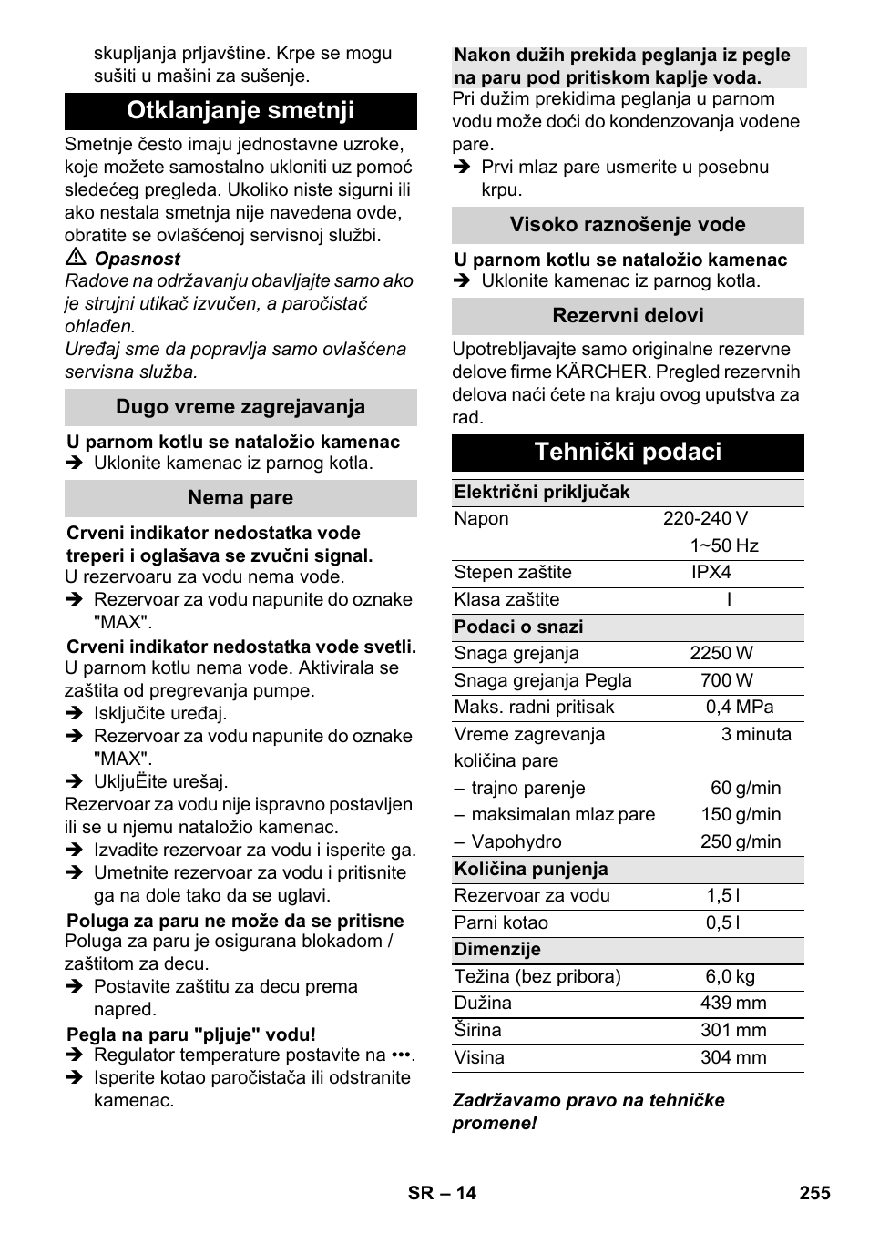 Otklanjanje smetnji, Tehnički podaci | Karcher SC 6-800 C User Manual | Page 255 / 342