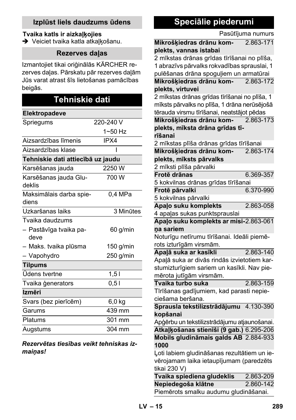 Tehniskie dati, Speciālie piederumi | Karcher SC 6-800 C User Manual | Page 289 / 342