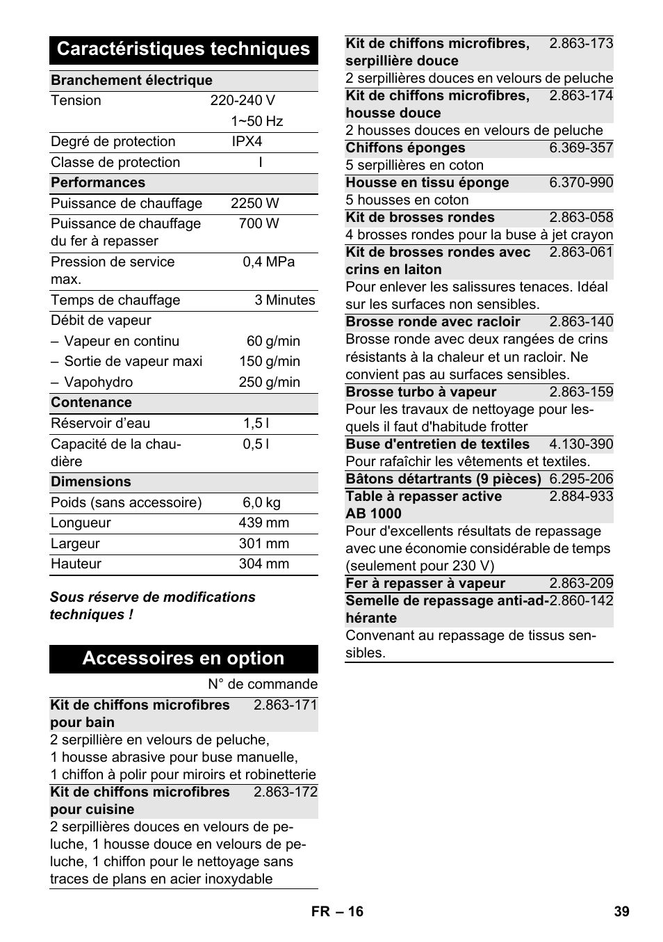 Caractéristiques techniques, Accessoires en option | Karcher SC 6-800 C User Manual | Page 39 / 342