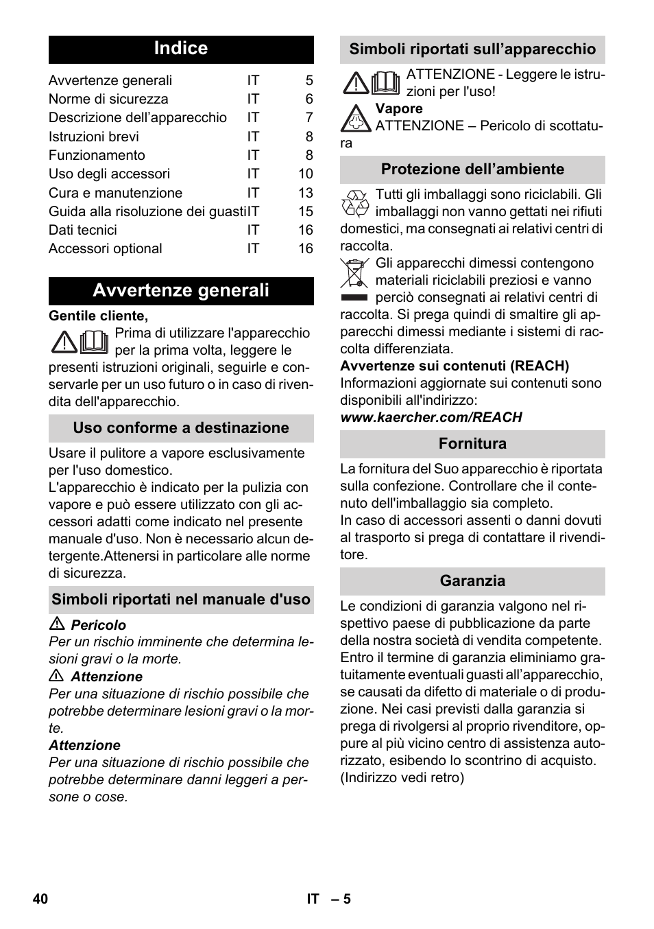 Italiano, Indice, Avvertenze generali | Karcher SC 6-800 C User Manual | Page 40 / 342