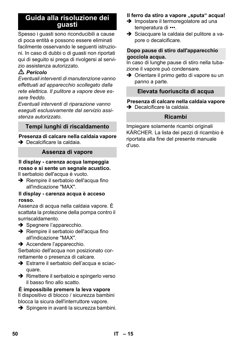 Guida alla risoluzione dei guasti | Karcher SC 6-800 C User Manual | Page 50 / 342