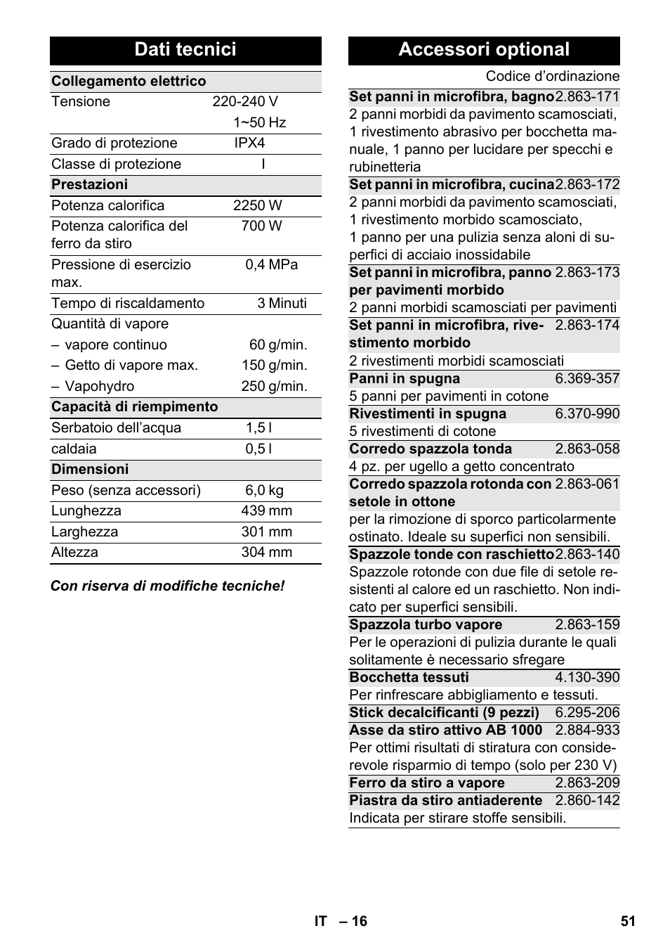 Dati tecnici, Accessori optional | Karcher SC 6-800 C User Manual | Page 51 / 342