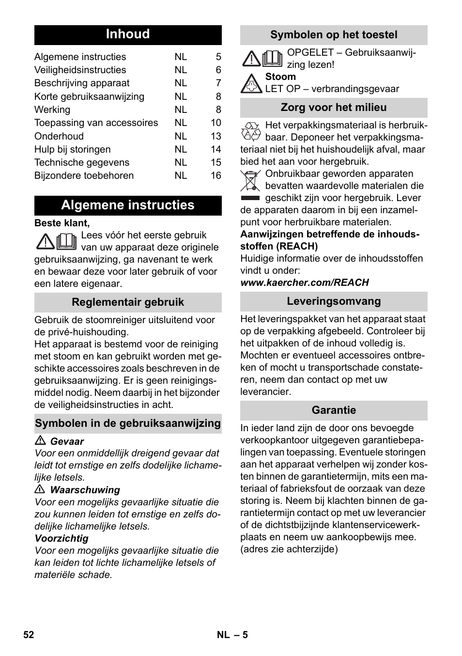 Nederlands, Inhoud, Algemene instructies | Karcher SC 6-800 C User Manual | Page 52 / 342