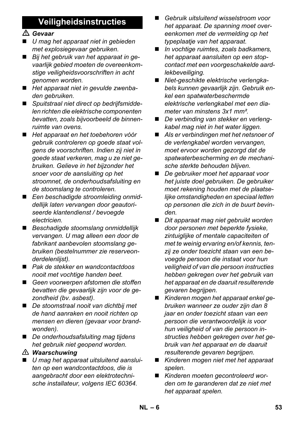 Veiligheidsinstructies | Karcher SC 6-800 C User Manual | Page 53 / 342