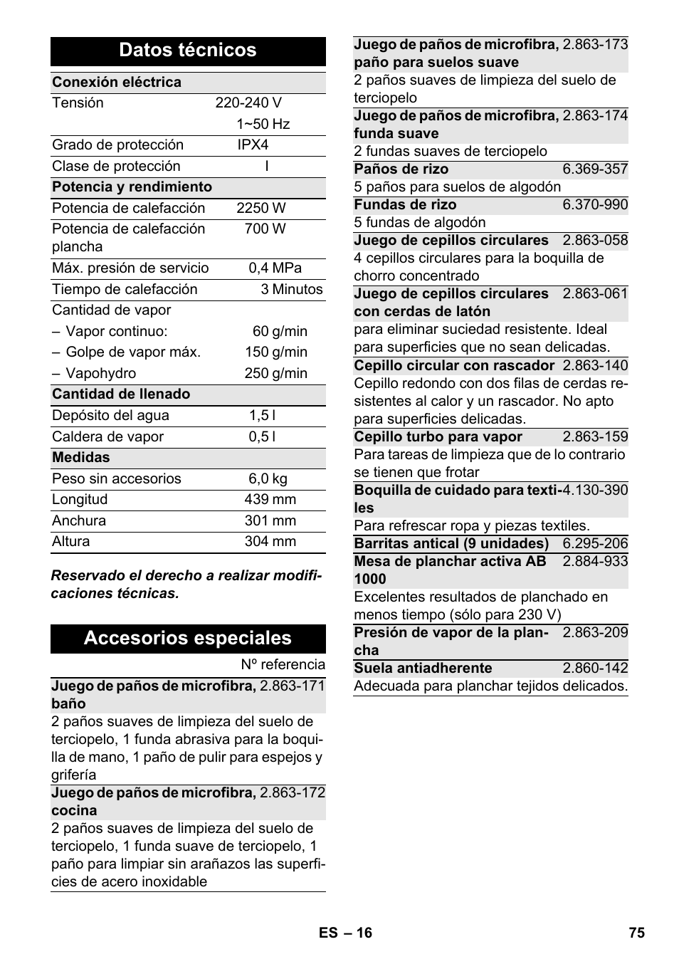 Datos técnicos, Accesorios especiales | Karcher SC 6-800 C User Manual | Page 75 / 342