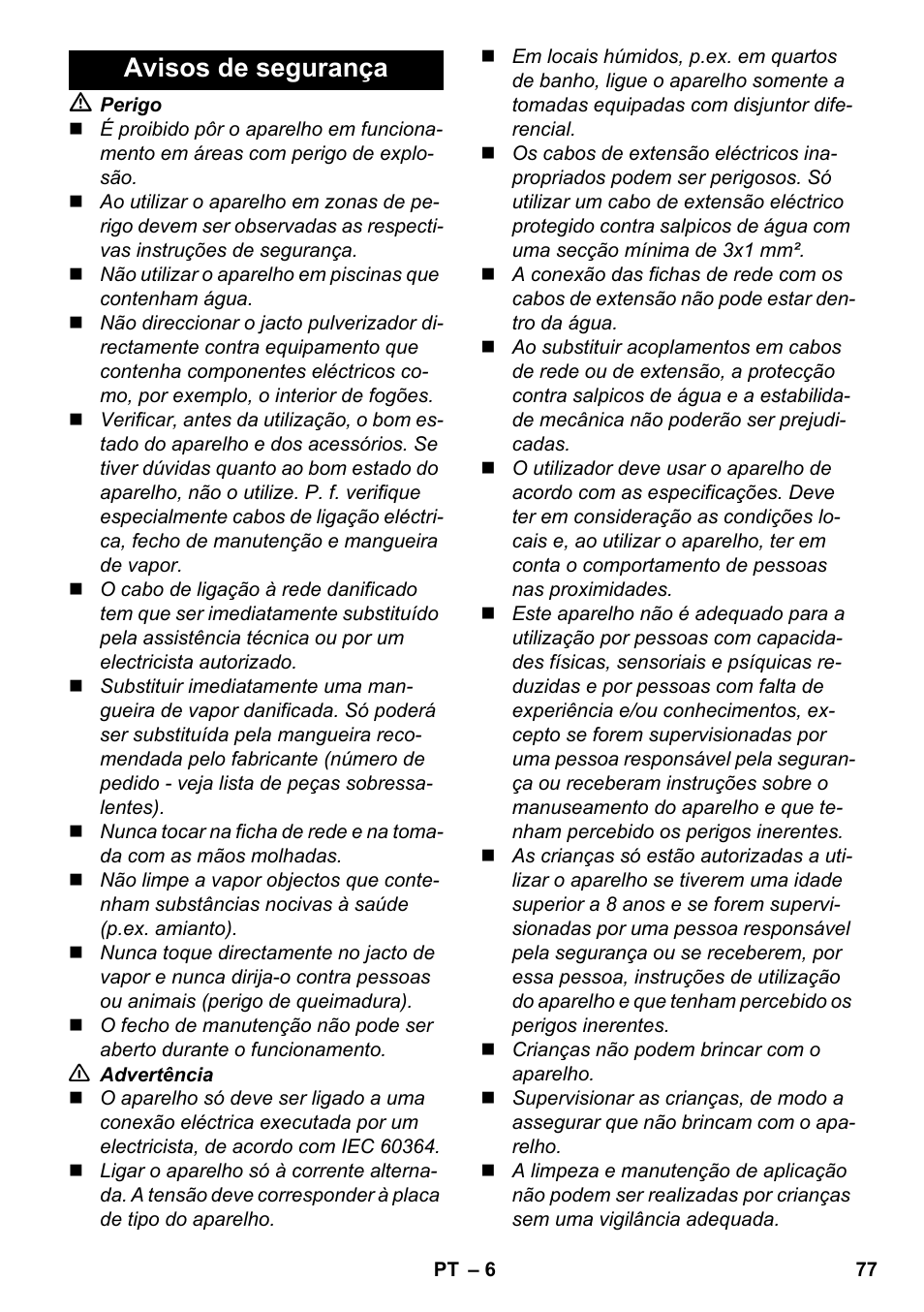 Avisos de segurança | Karcher SC 6-800 C User Manual | Page 77 / 342
