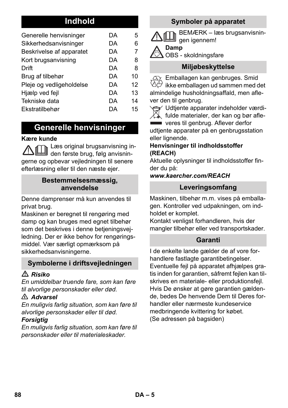 Dansk, Indhold, Generelle henvisninger | Karcher SC 6-800 C User Manual | Page 88 / 342